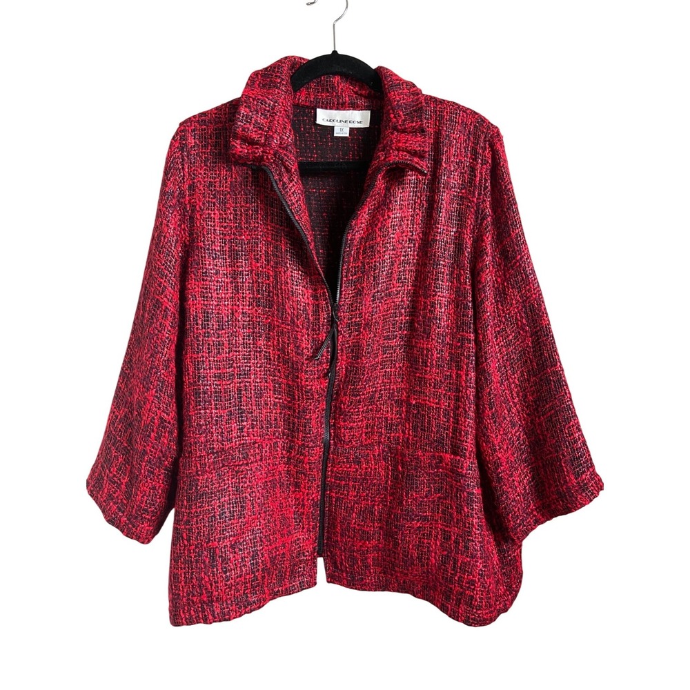 Caroline Rose Red Black Tweed Wool Alpaca Zip Jacket Plus Size 1X Made USA